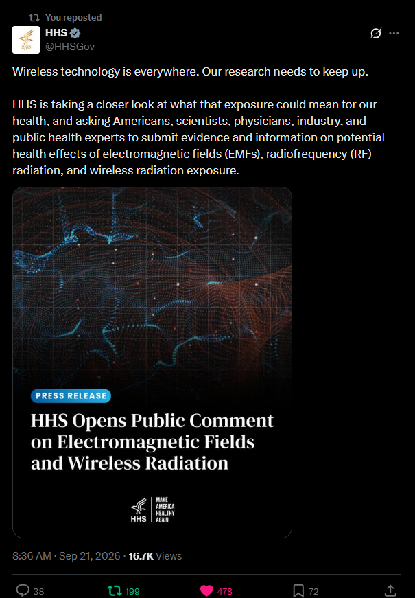 HHS’s September 21 post inviting evidence and information on electromagnetic fields, radiofrequency radiation, and wireless exposure.