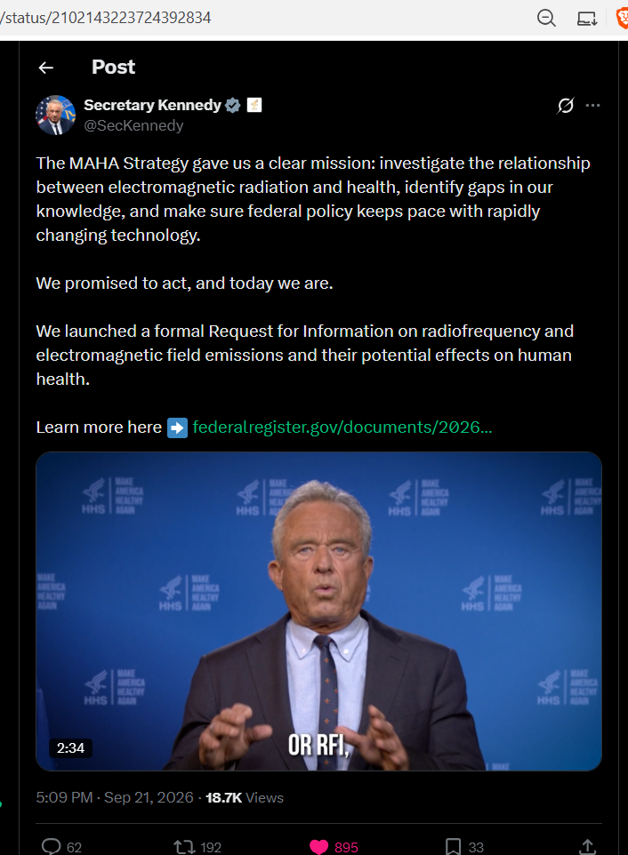 Secretary Kennedy’s September 21 post announcing an RF and EMF request for information, with his HHS video.