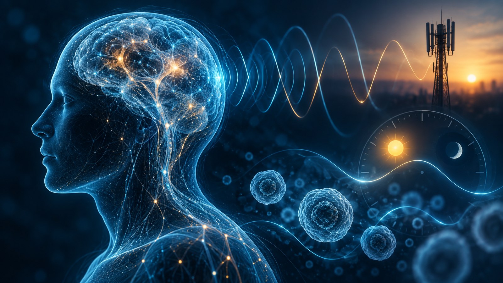 Conceptual illustration of a neural head silhouette, wireless signals, cells, and biological timing