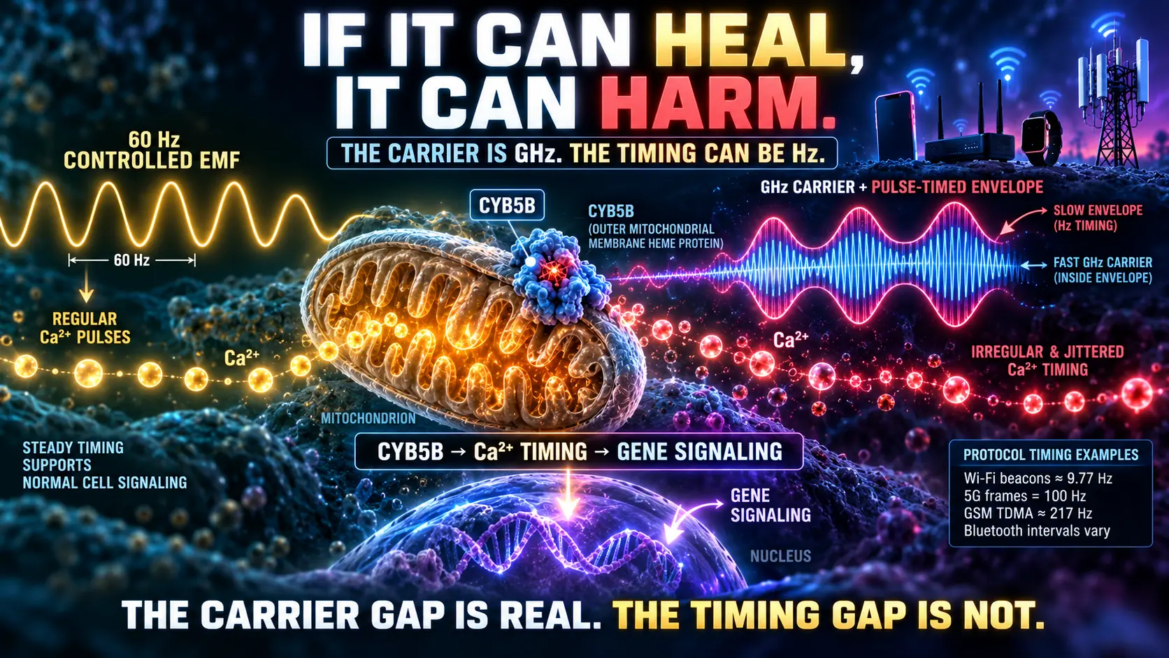Illustration comparing a 60 hertz biological experiment with the low-frequency timing envelopes carried by Wi-Fi, 5G, GSM, and Bluetooth radiofrequency carriers