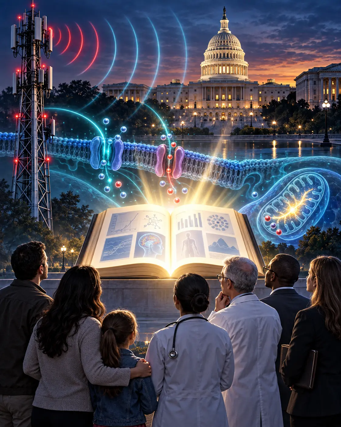 Families, physicians, and scientists facing an illuminated public health record, the U.S. Capitol, wireless infrastructure, and cellular bioelectric signaling
