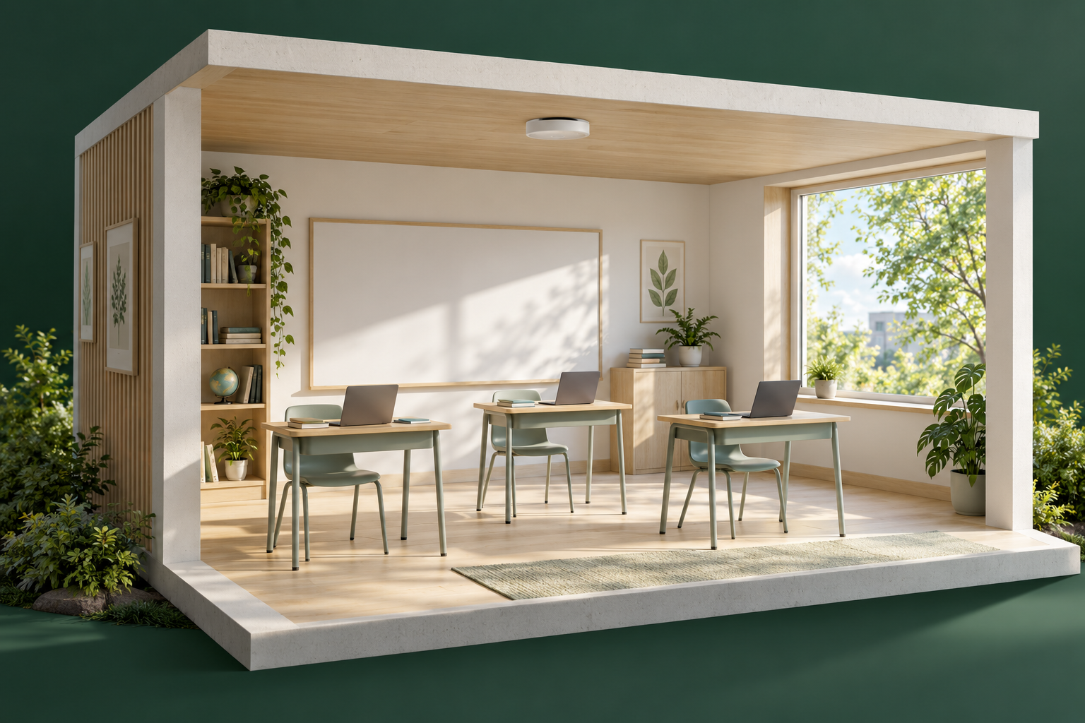 Concept illustration of a bright classroom connected by a discreet ceiling optical access point and laptop receivers.